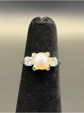 Classic White Pearl and Crystal Silver Ring
